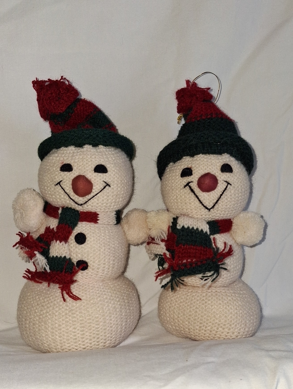Two Handcrafted Cream Snowmen Plush Duo with Red & Green Hats and Scarves